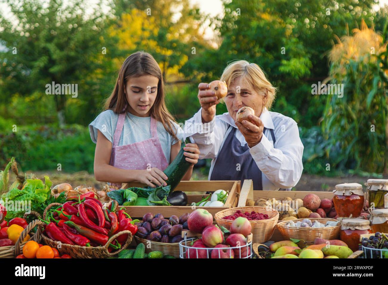 Grandmother and granddaughter sell vegetables and fruits at the farmers market. Selective focus. food. Stock Photo