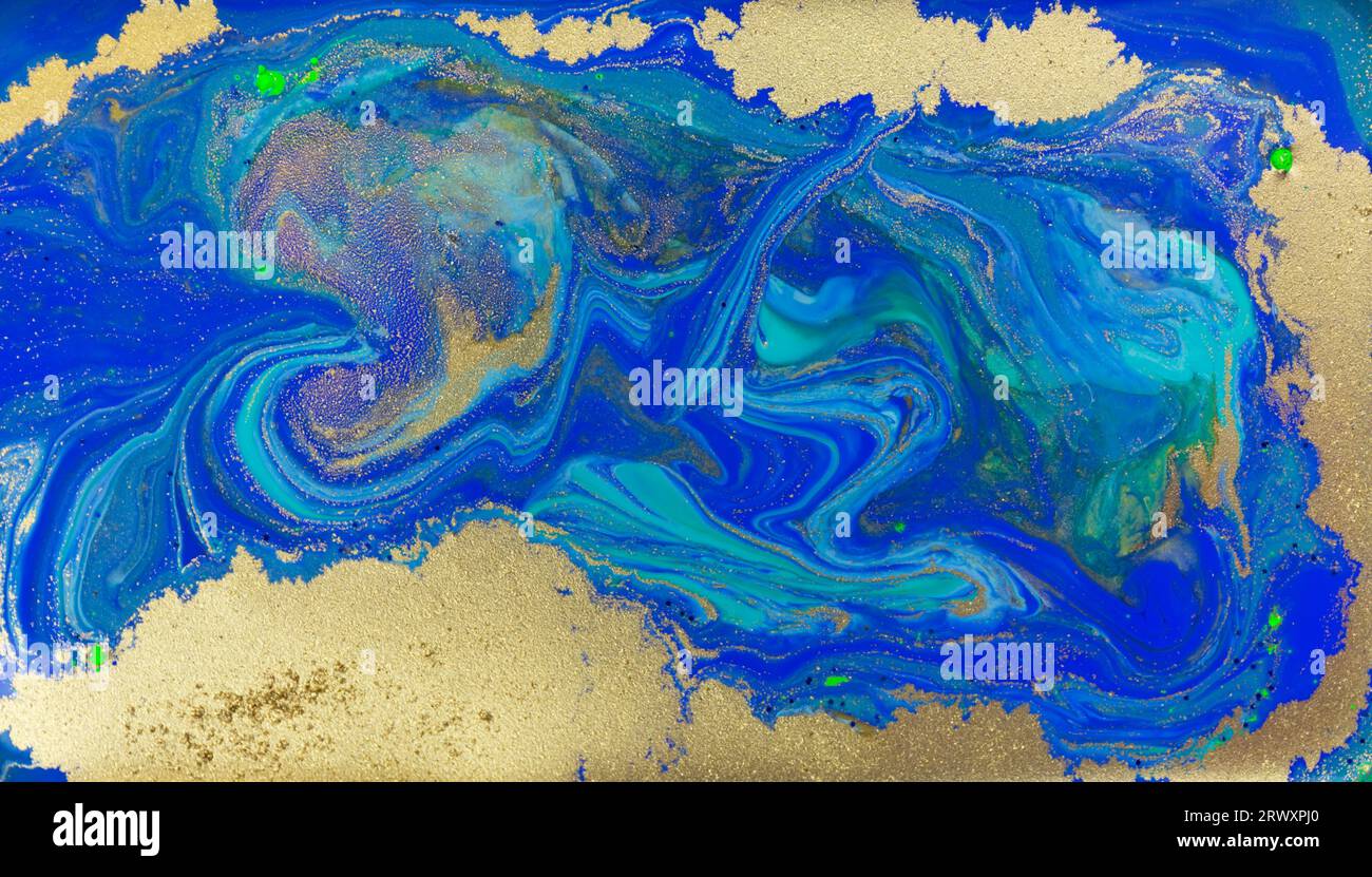 Liquid Flow of Gold and Blue Acrylic Pattern Stock Photo - Alamy