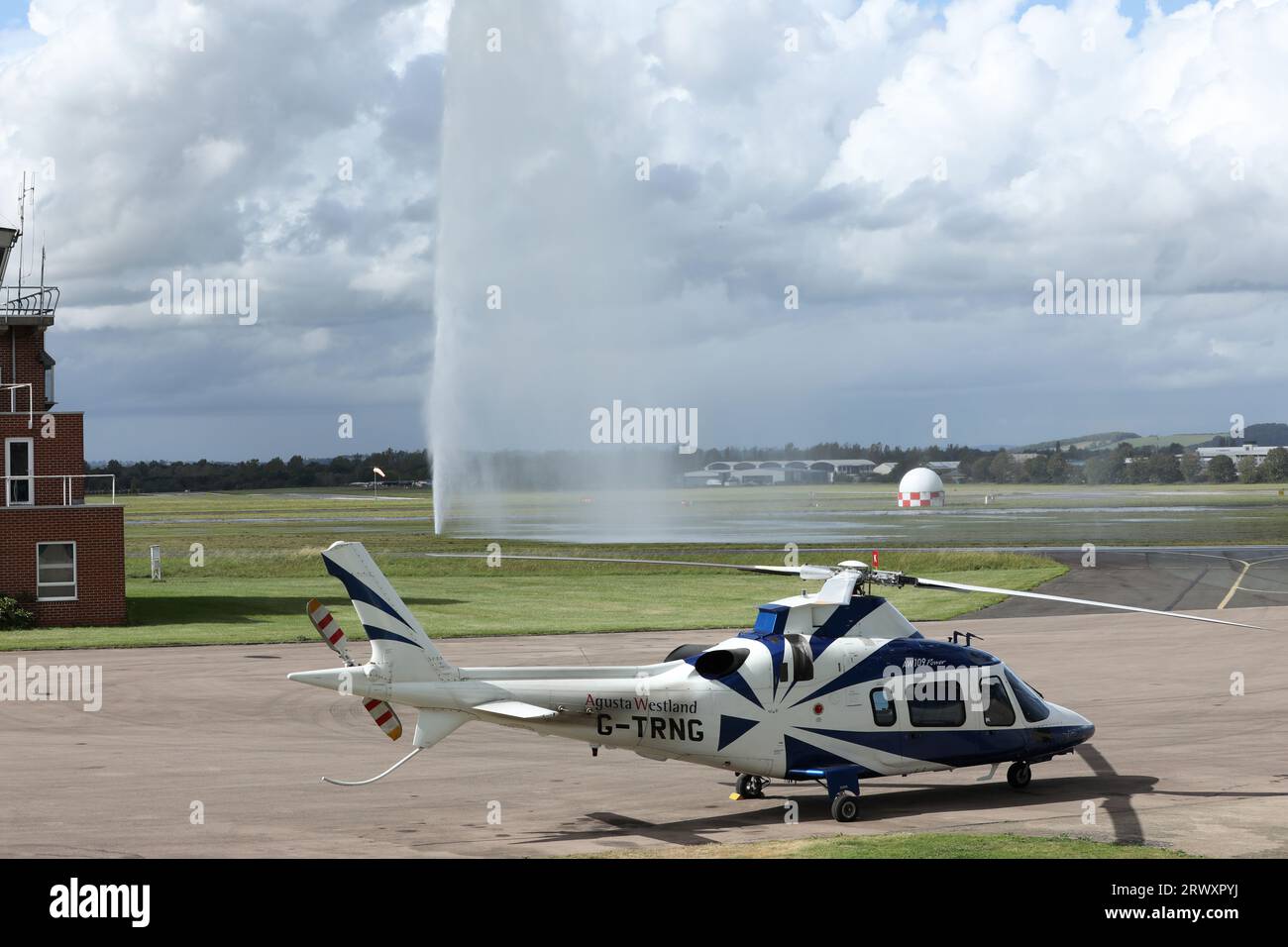 Aerial views of the Severn Trent Water Main that burst under the grass runway at Gloucestershire Airport, causing operational difficulties. Stock Photo