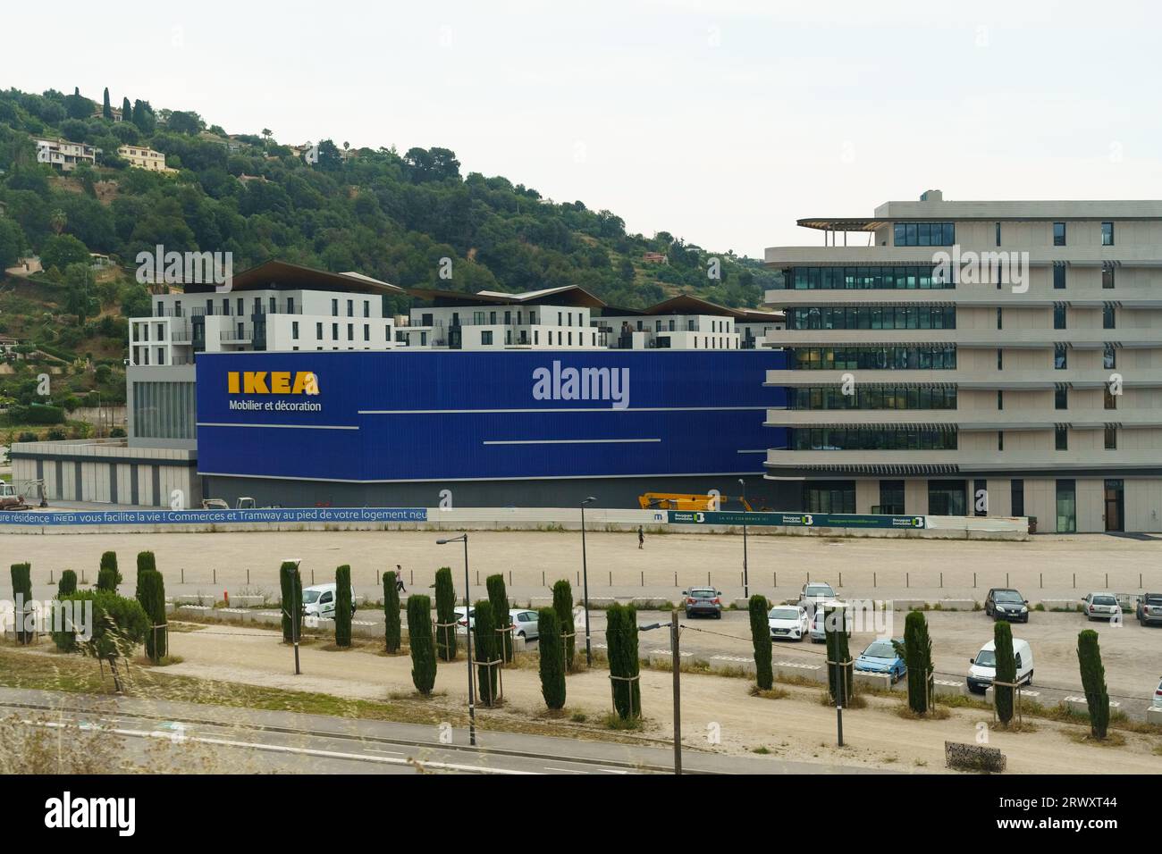 Nice, France June 6, 2023 Ikea store, large sign. Swedish company