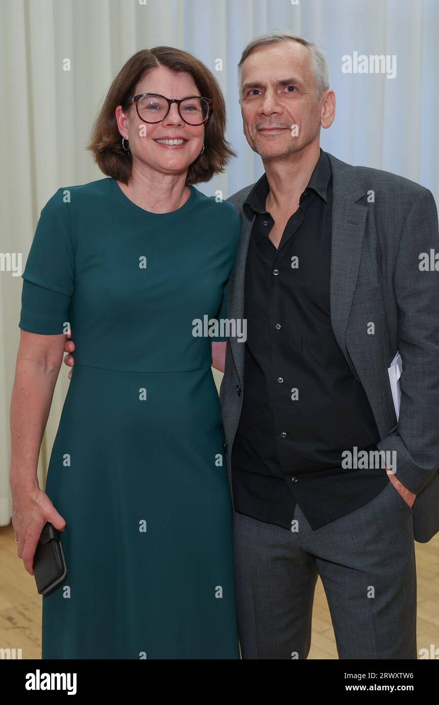 Berlin, Germany. 21st Sep, 2023. Author Lutz Seiler and his wife Charlotta Seiler Brylla stand in front of a curtain at the award ceremony for the Berlin Literature Prize of the Stiftung Preußische Seehandlung, which is endowed with 30,000 euros. The Stiftung Preußische Seehandlung was founded in 1983 by the state of Berlin from the remaining assets of the Prussian State Bank. Credit: Jörg Carstensen/dpa/Alamy Live News Stock Photo