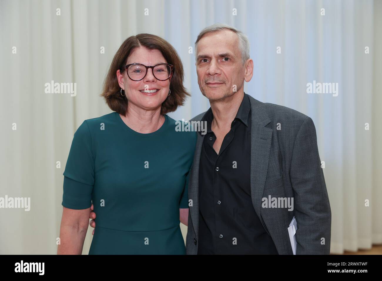 Berlin, Germany. 21st Sep, 2023. Author Lutz Seiler and his wife Charlotta Seiler Brylla stand in front of a curtain at the award ceremony for the Berlin Literature Prize of the Stiftung Preußische Seehandlung, which is endowed with 30,000 euros. The Stiftung Preußische Seehandlung was founded in 1983 by the state of Berlin from the remaining assets of the Prussian State Bank. Credit: Jörg Carstensen/dpa/Alamy Live News Stock Photo