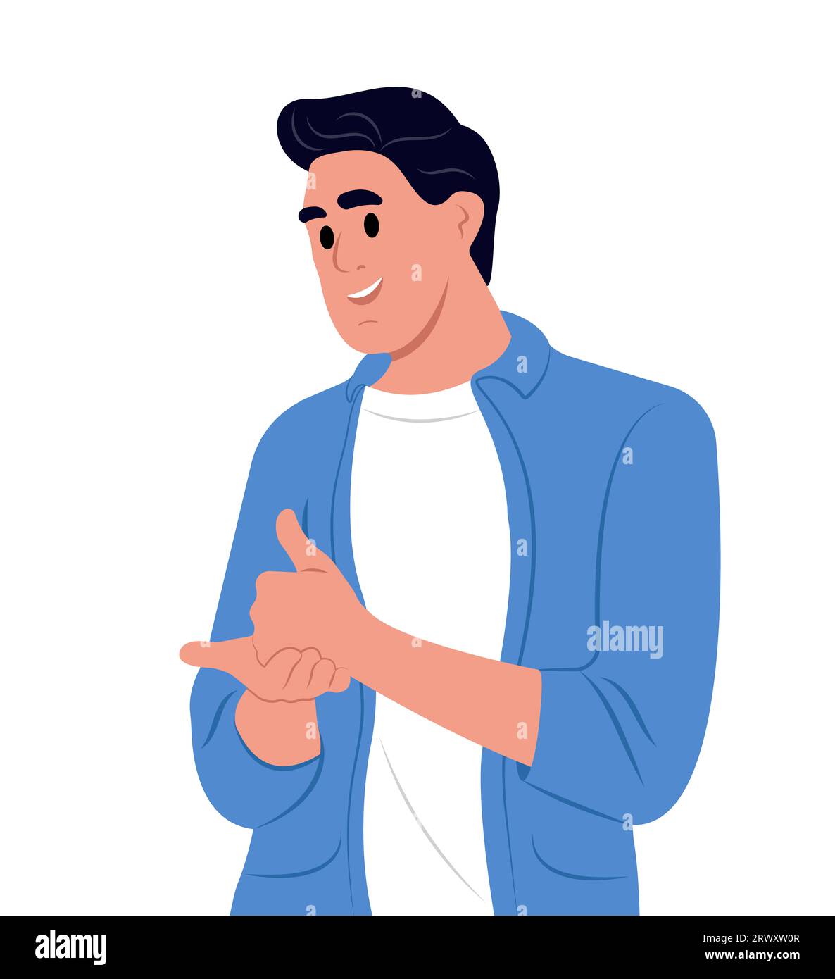 Deaf mute young man on white background. An adult learns sign language