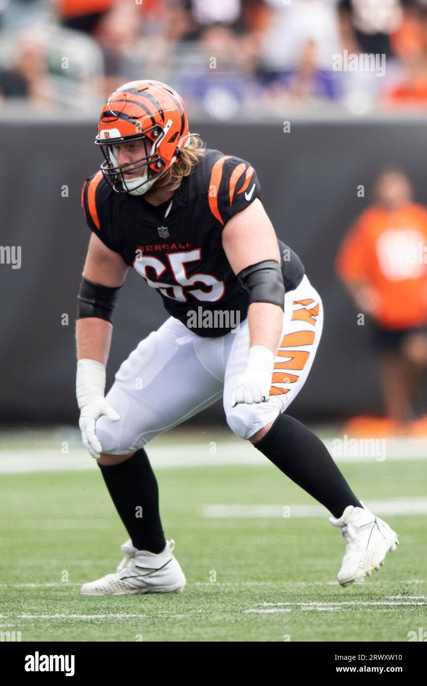 Cincinnati Bengals guard Alex Cappa (65) lines up for the play during an NFL  football game against the Baltimore Ravens on Sunday, Sept. 17, 2023, in  Cincinnati. (AP Photo/Emilee Chinn Stock Photo - Alamy