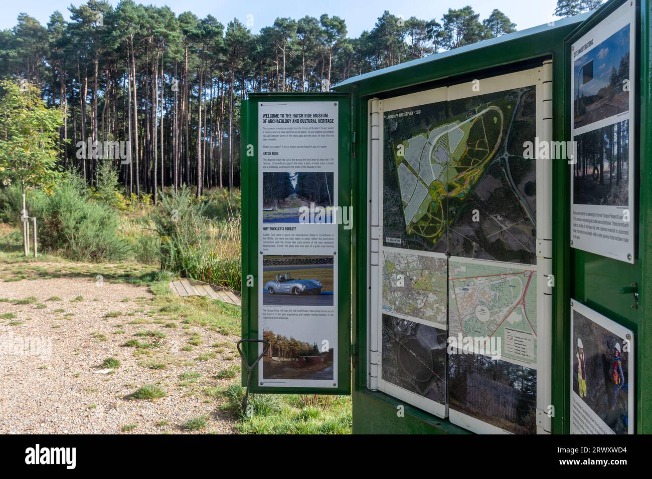 Repurposed green electrical box in Bucklers Forest, Crowthorne, Berkshire, England, UK, being used as a mini museum with information on local history Stock Photo