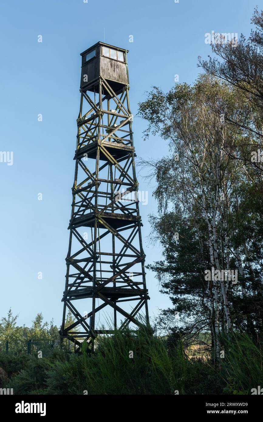 The old Fire Tower in Bucklers Forest, former Transport Research Laboratoy TRL land restored for nature, Crowthorne, Berkshire, England, UK Stock Photo