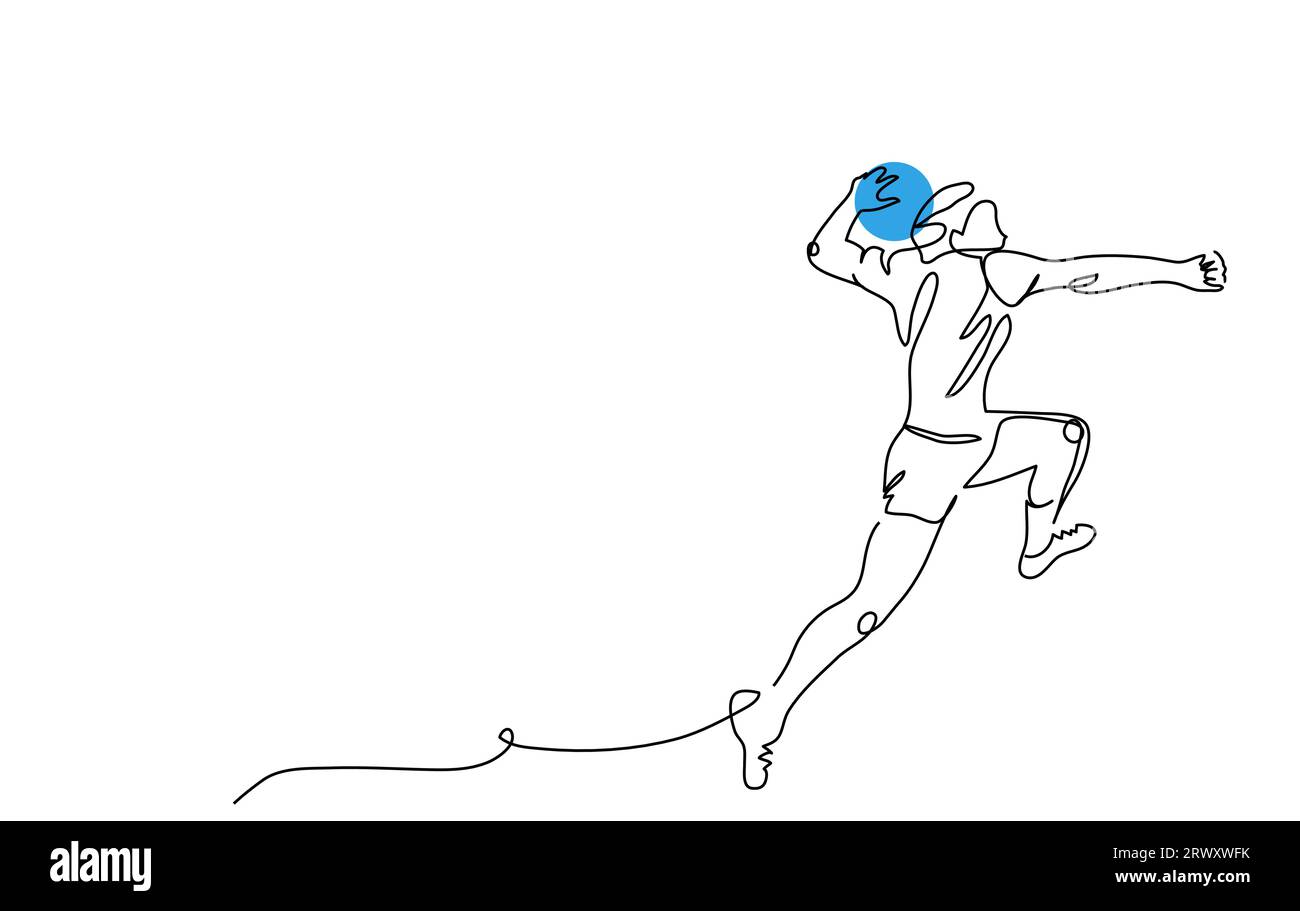 Handball player throws the ball. One continuous line art drawing of handball player in jump