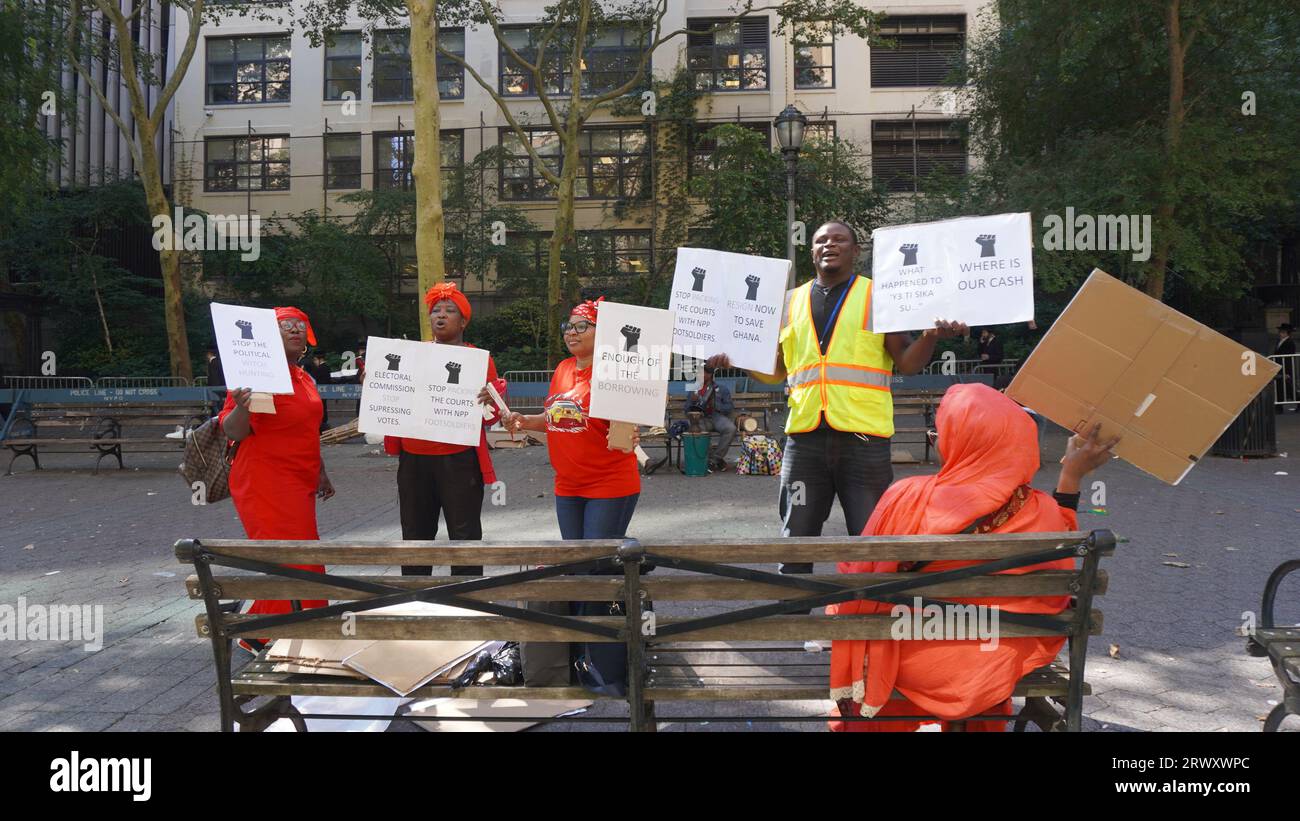 September 21, 2023, New York, New York: (NEW) Voices of Protests from nationals of some countries in front of UN headquarters in New York. September 20, 2023, New York, USA: As world leaders delivered their respective addresses, the voices of protests from nationals of some countries like Iraq, Senegal, China, Yoruba Nation, Mauritania, Sierra Leone, Ghana, Namibia, DR Congo, Jewish Rabbi Group etc gathered at the allocated block on 47th Street and 1st Avenue, in front of the United Nations, grew loud and silent, protesting various forms of injustice - from climate to genocide, freedom, electi Stock Photo