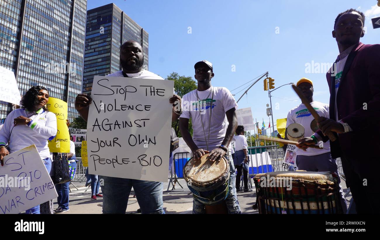 September 21, 2023, New York, New York: (NEW) Voices of Protests from nationals of some countries in front of UN headquarters in New York. September 20, 2023, New York, USA: As world leaders delivered their respective addresses, the voices of protests from nationals of some countries like Iraq, Senegal, China, Yoruba Nation, Mauritania, Sierra Leone, Ghana, Namibia, DR Congo, Jewish Rabbi Group etc gathered at the allocated block on 47th Street and 1st Avenue, in front of the United Nations, grew loud and silent, protesting various forms of injustice - from climate to genocide, freedom, electi Stock Photo