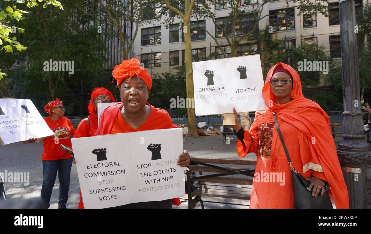 September 21, 2023, New York, New York: (NEW) Voices of Protests from nationals of some countries in front of UN headquarters in New York. September 20, 2023, New York, USA: As world leaders delivered their respective addresses, the voices of protests from nationals of some countries like Iraq, Senegal, China, Yoruba Nation, Mauritania, Sierra Leone, Ghana, Namibia, DR Congo, Jewish Rabbi Group etc gathered at the allocated block on 47th Street and 1st Avenue, in front of the United Nations, grew loud and silent, protesting various forms of injustice - from climate to genocide, freedom, electi Stock Photo