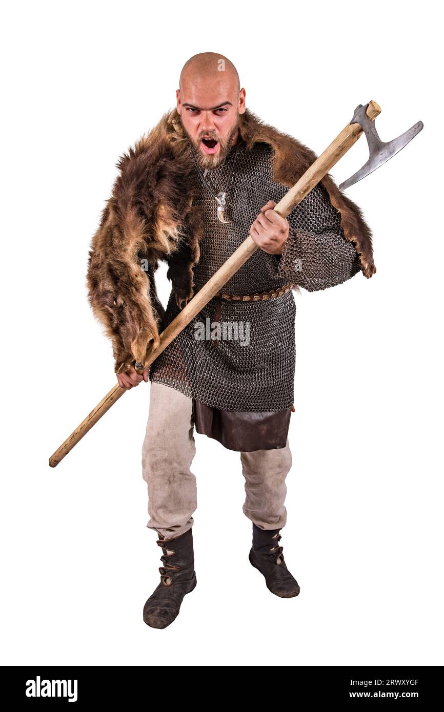 Medieval Viking armored attack with a battle-ax. Isolated on white Stock Photo