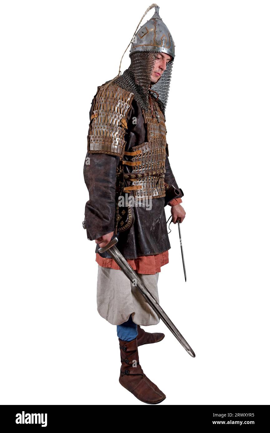 Ancient Russian combatant in armor. Isolated on white Stock Photo