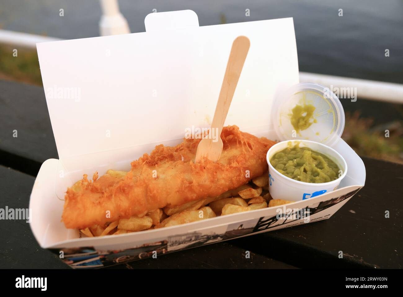 Fish and chips from the famous Magpie Cafe on the harbour in Whitby in North Yorkshire, UK. Stock Photo