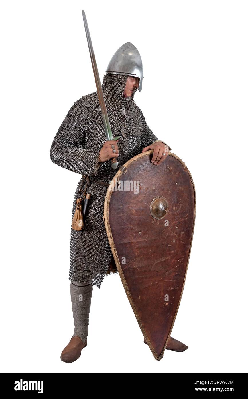 Norman knight dressed warrior 2nd half of the 11th century. Isolated on white Stock Photo