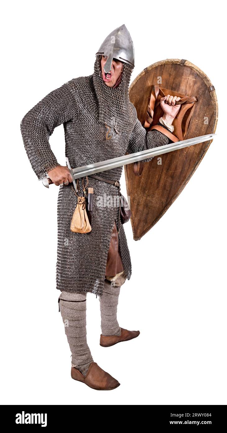 Norman Knight 2nd half of the 11th century is on the attack. Isolated on white Stock Photo