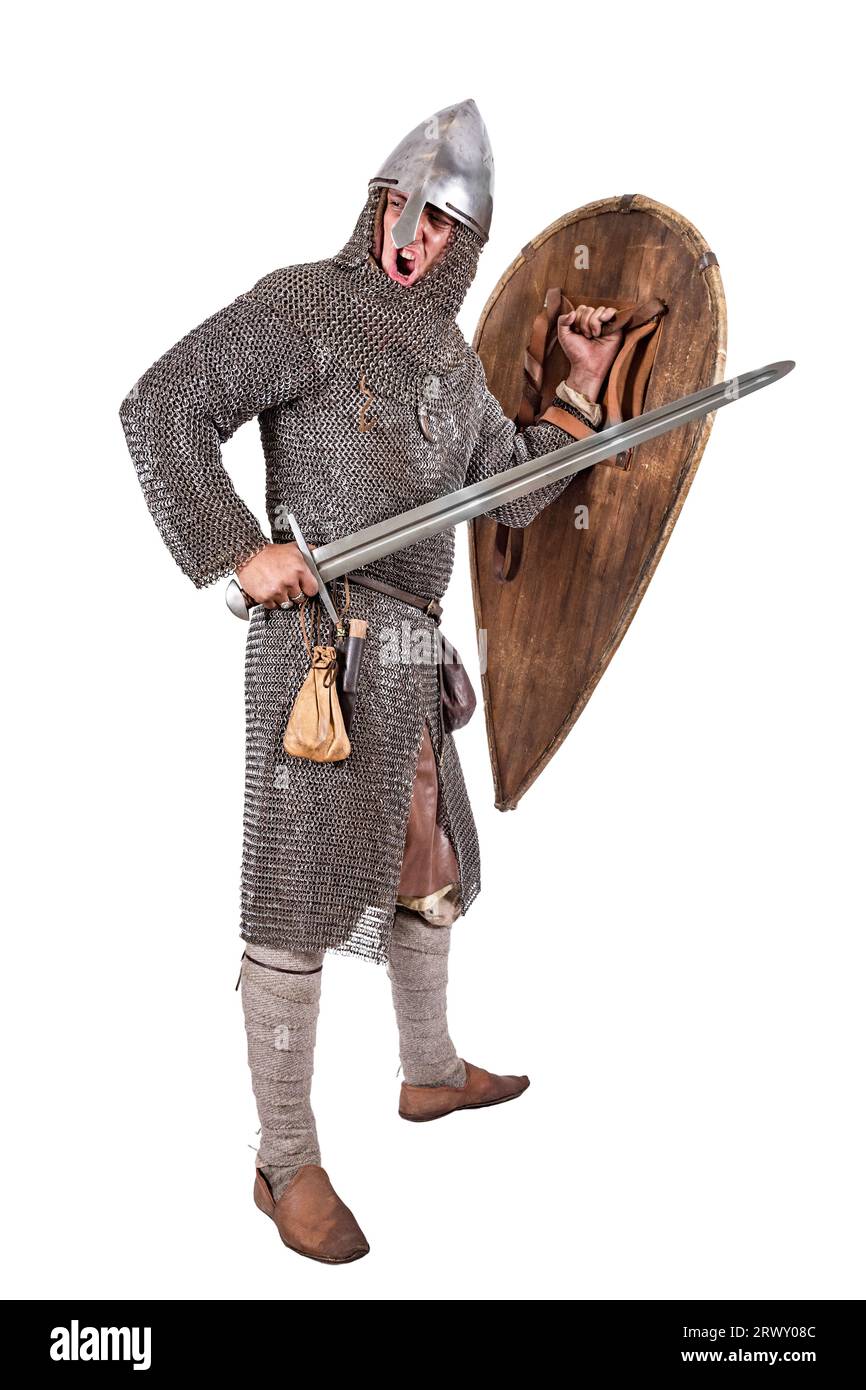 Norman Knight 2nd half of the 11th century is on the attack. Isolated on white Stock Photo