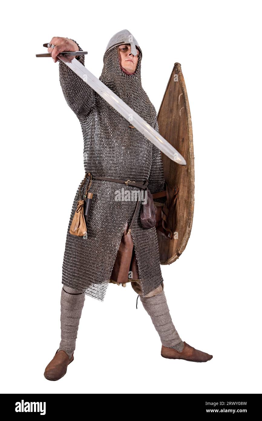 Norman knight dressed warrior 2nd half of the 11th century. Isolated on white Stock Photo