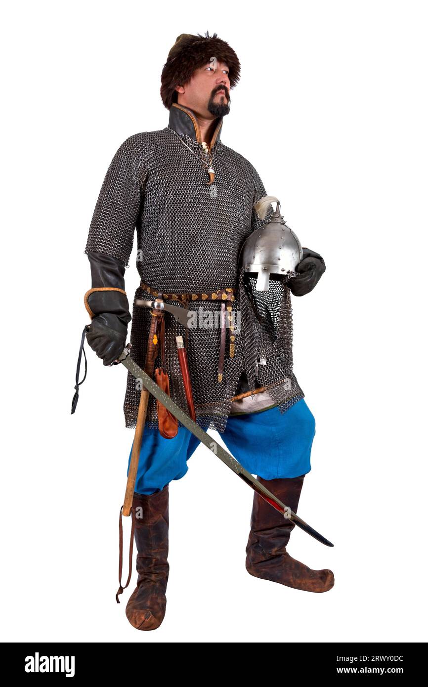 Bulgarian soldier Khazar khanate. 9-10 century. Isolated on white Stock Photo