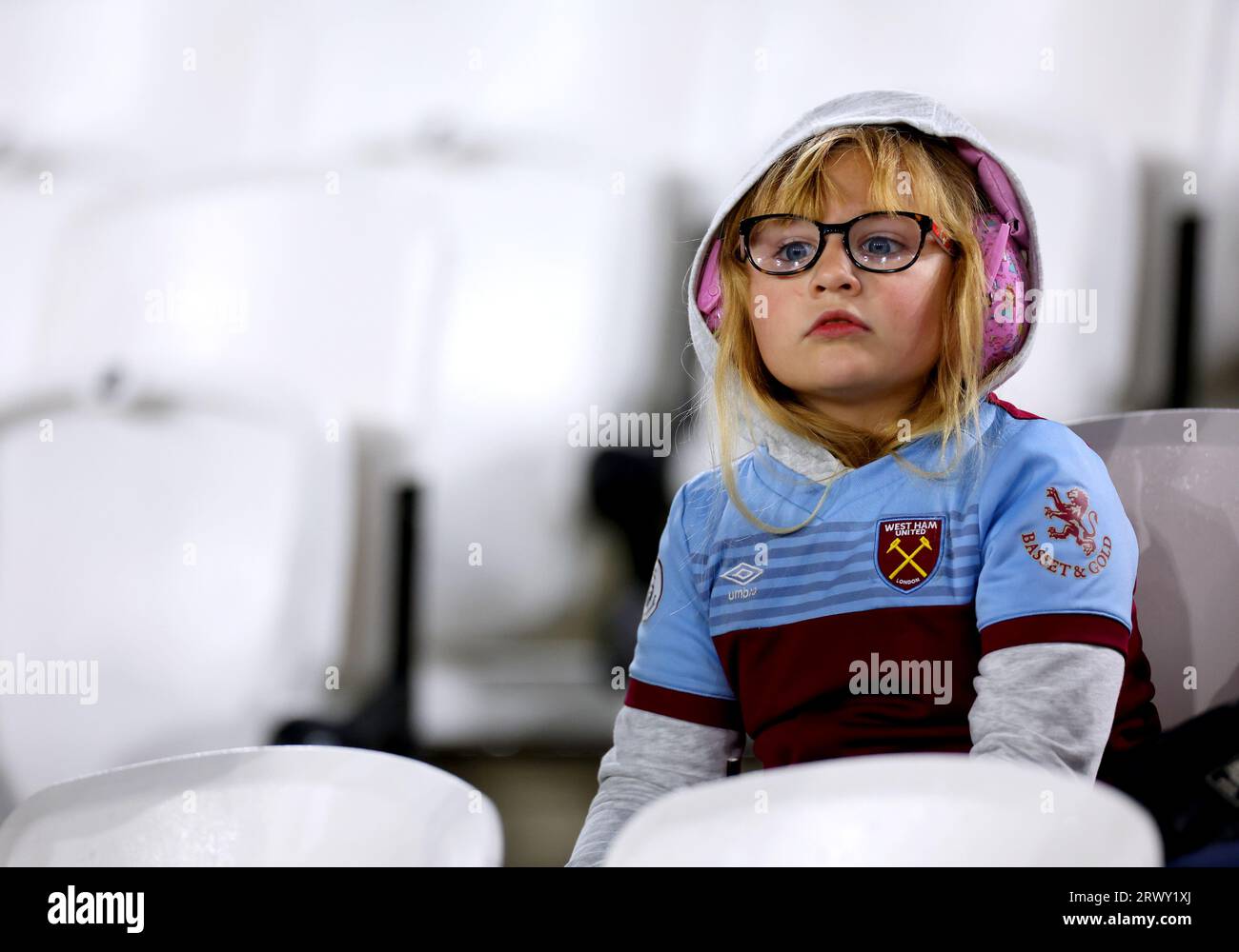 A West Ham United fan in the stands ahead of the UEFA Europa League Group A match at the London Stadium, London. Picture date: Thursday September 21, 2023. Stock Photo