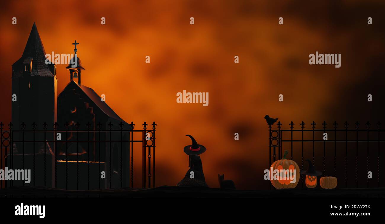 Halloween background. Spooky night scene with witch and pumpkins. 3D ...