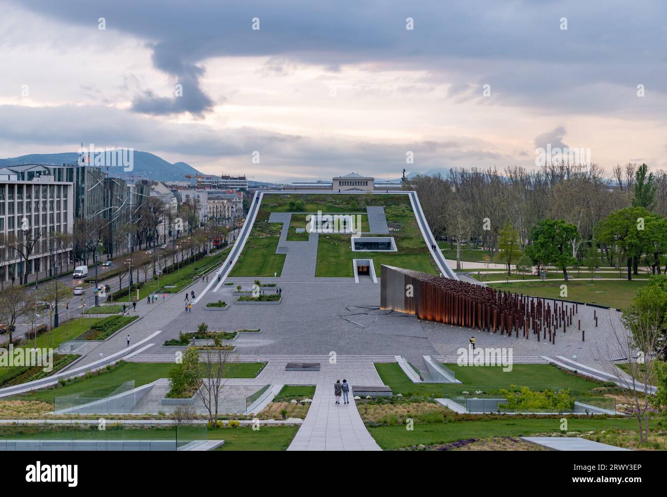 A picture of the Museum of Ethnography Green Roof and the Memorial of the 1956 Revolution at sunset. Stock Photo