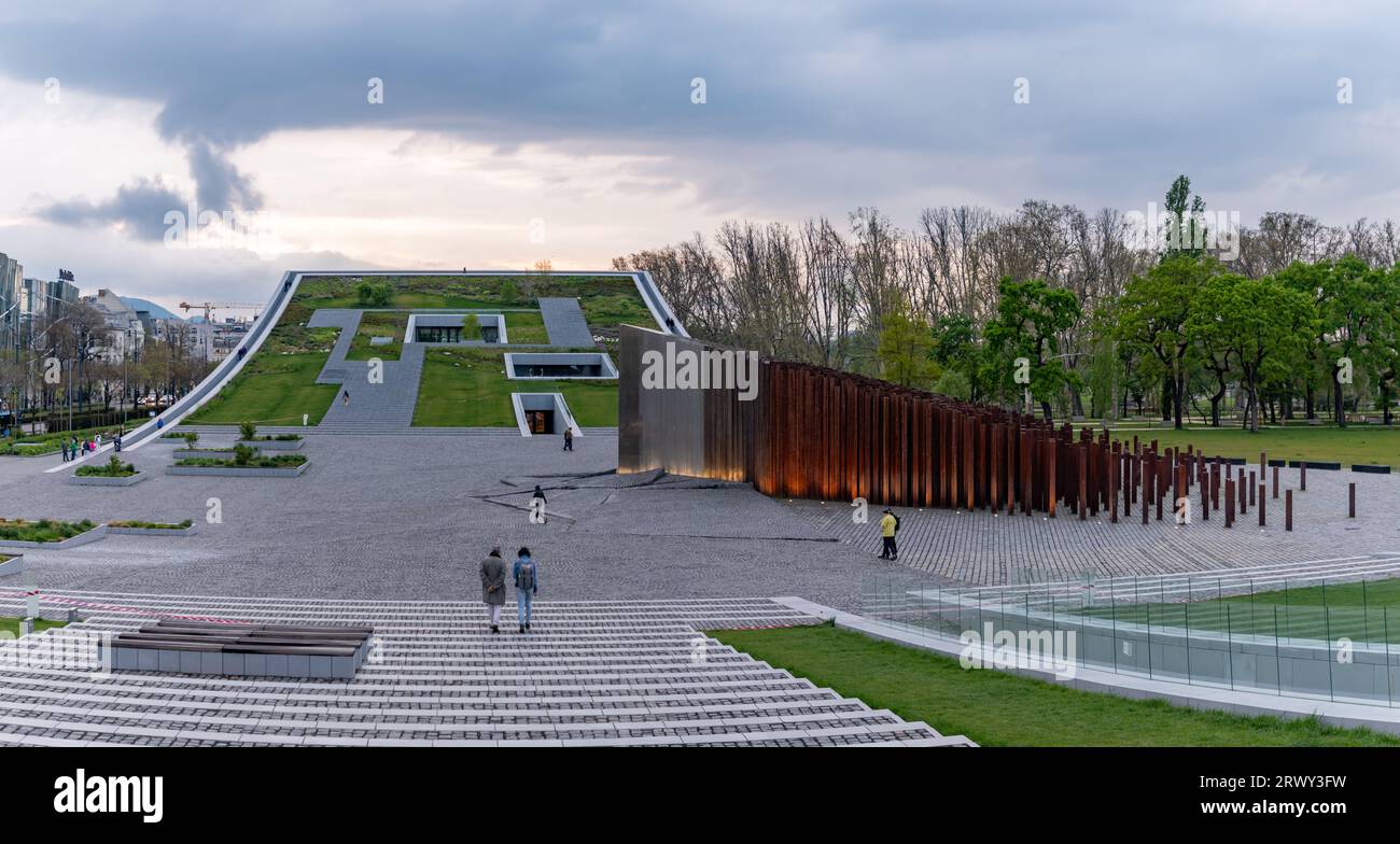 A picture of the Museum of Ethnography Green Roof and the Memorial of the 1956 Revolution at sunset. Stock Photo