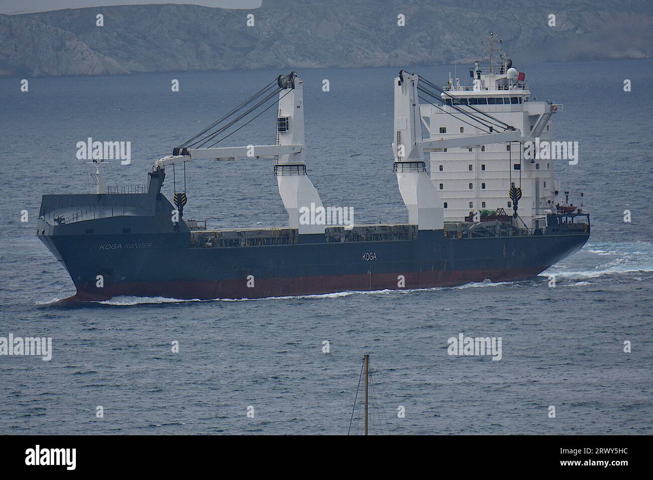 The solid bulk carrier ship Koga Ranger arrives at the French Mediterranean port of Marseille. Stock Photo