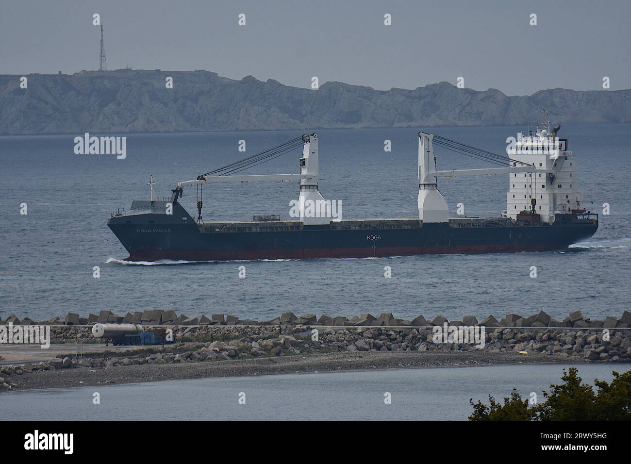 The solid bulk carrier ship Koga Ranger arrives at the French Mediterranean port of Marseille. Stock Photo