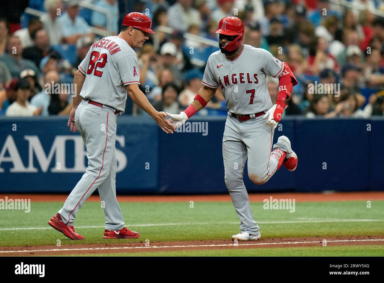 Los Angeles Angels' Jo Adell (7) celebrates his tworun home run off