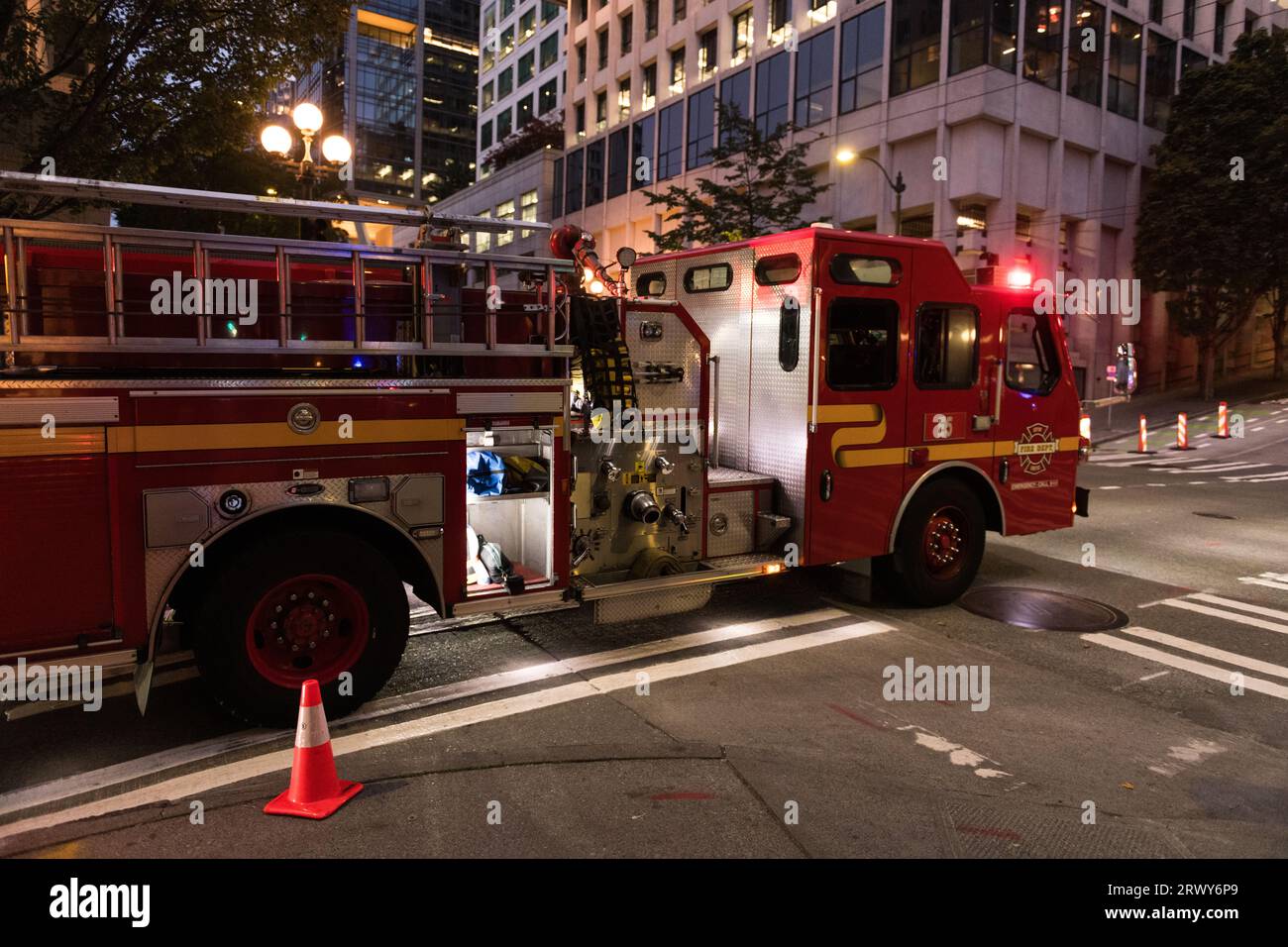 Seattle, USA. 19 Sep, 2023. SFD treating a vehicle vs Lime scooter accident on 1st Ave. Stock Photo