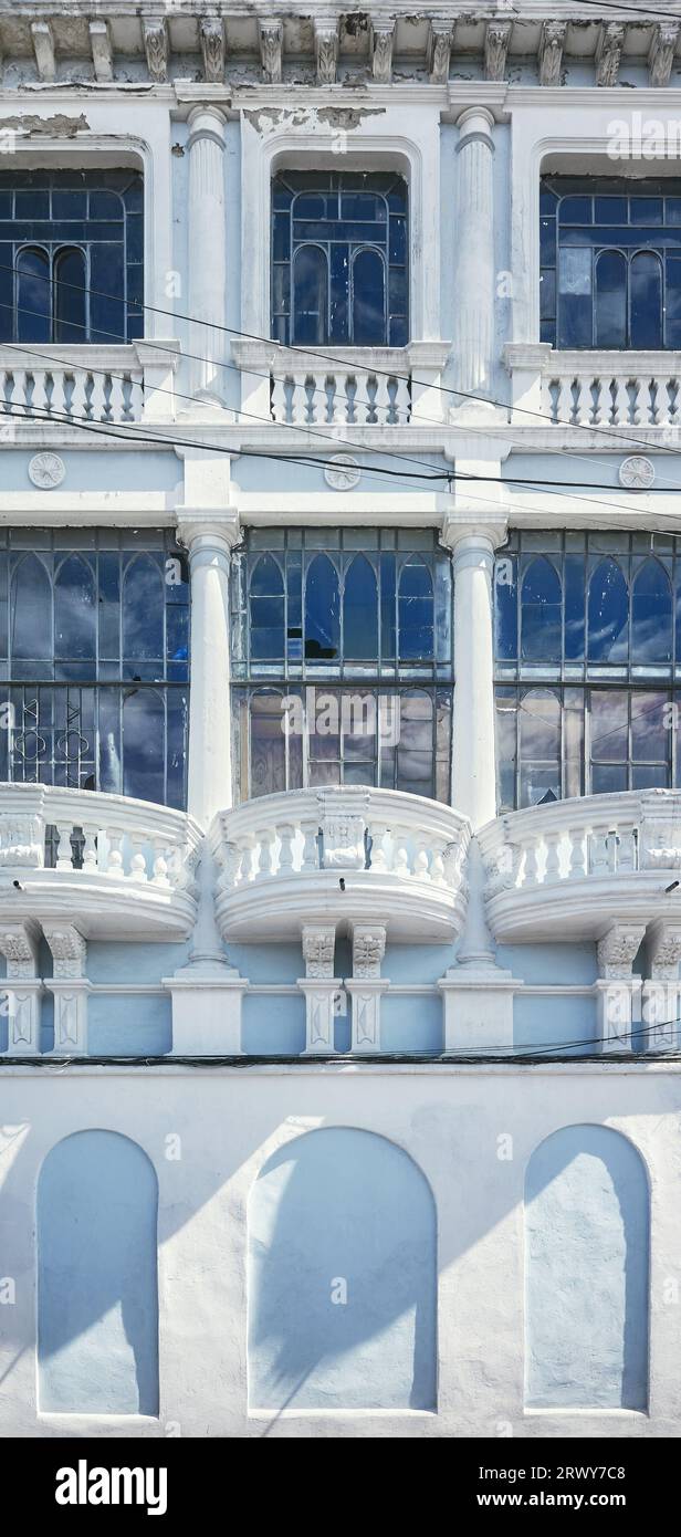 Street view of the facade of an old colonial building, Quito, Ecuador. Stock Photo
