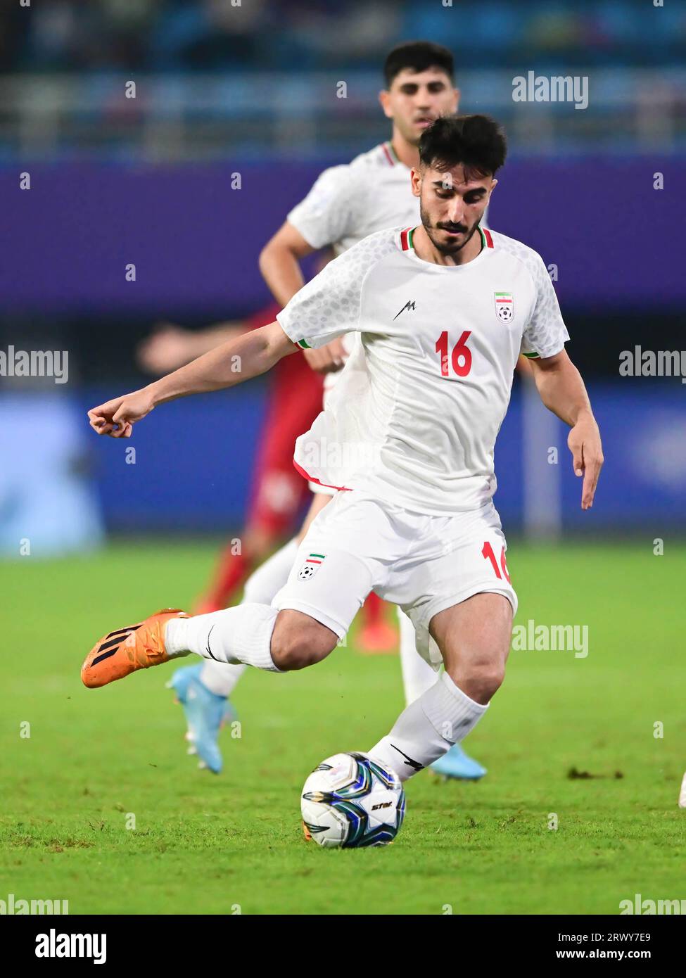 Hangzhou, China. 21st Sep, 2023. Seyedmajid Nasiri of the Islamic Republic of Iran men football team is seen in action during the 19th Asian Games men's football group round Group B match between Islamic Republic of Iran and Vietnam held at the Linping Sports Centre Stadium. Final score Islamic Republic of Iran 4:0 Vietnam. (Photo by Luis Veniegra/SOPA Images/Sipa USA) Credit: Sipa USA/Alamy Live News Stock Photo