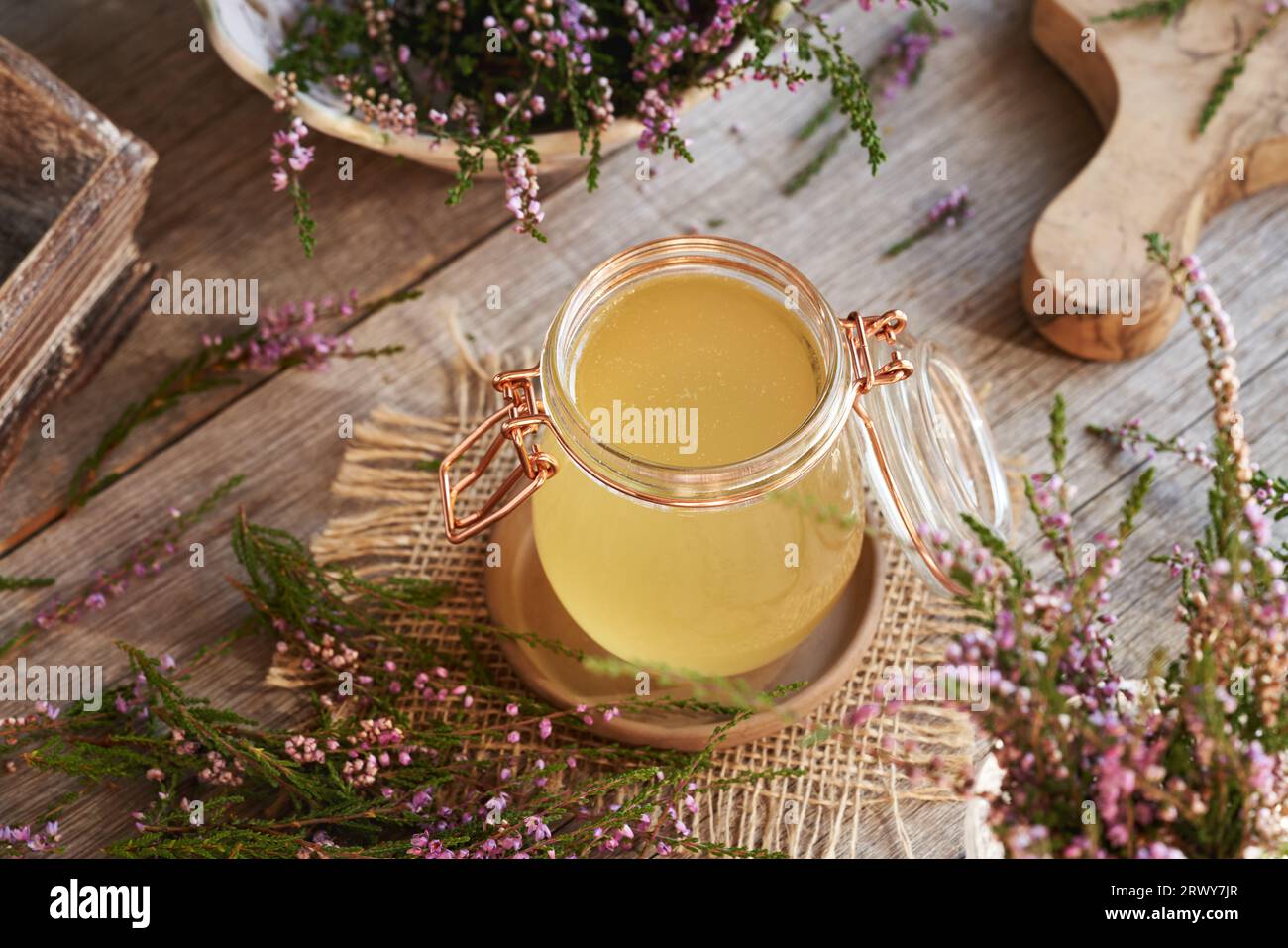Herbal syrup in a glass jar with fresh wild heather flowers harvested in the forest Stock Photo