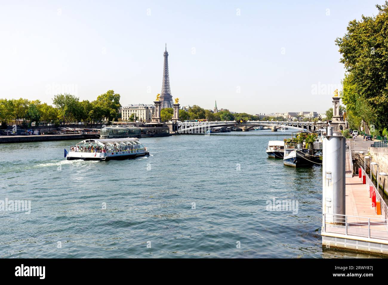 Pont Alexandre III and Eiffel Tower across River Seine, Port des Champs-Élysées, 8th arrondissement, Paris, Île-de-France, France Stock Photo