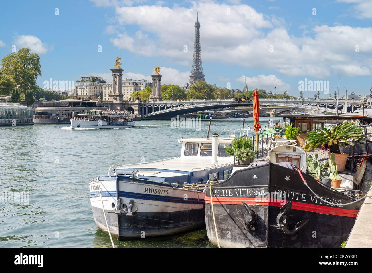 Tourist cruise boat and Eiffel Tower across River Seine, Port des Champs-Élysées, 8th arrondissement, Paris, Île-de-France, France Stock Photo
