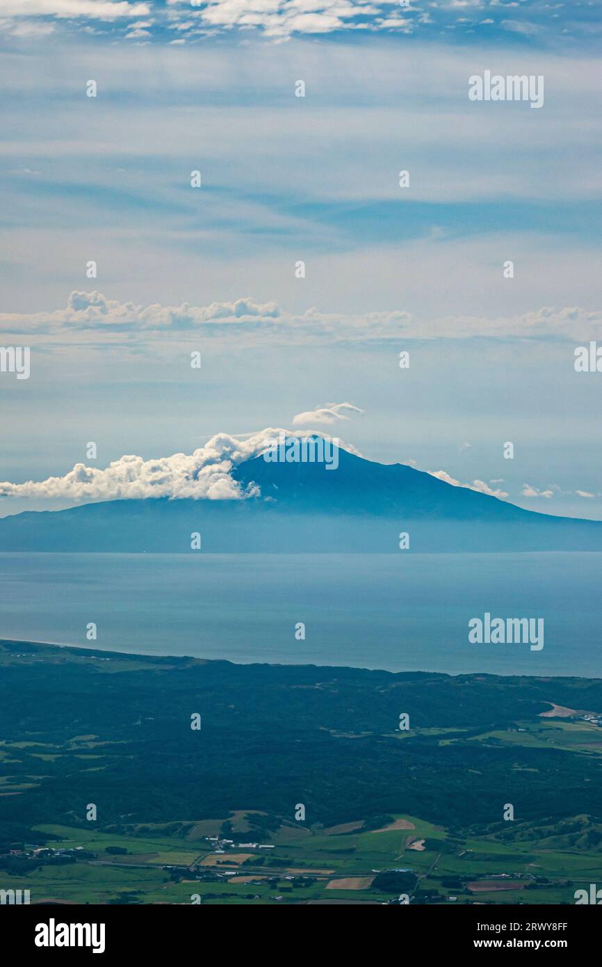 Rishiri Fuji and beautiful marshland scenery seen from above Sarobetsu plain Stock Photo