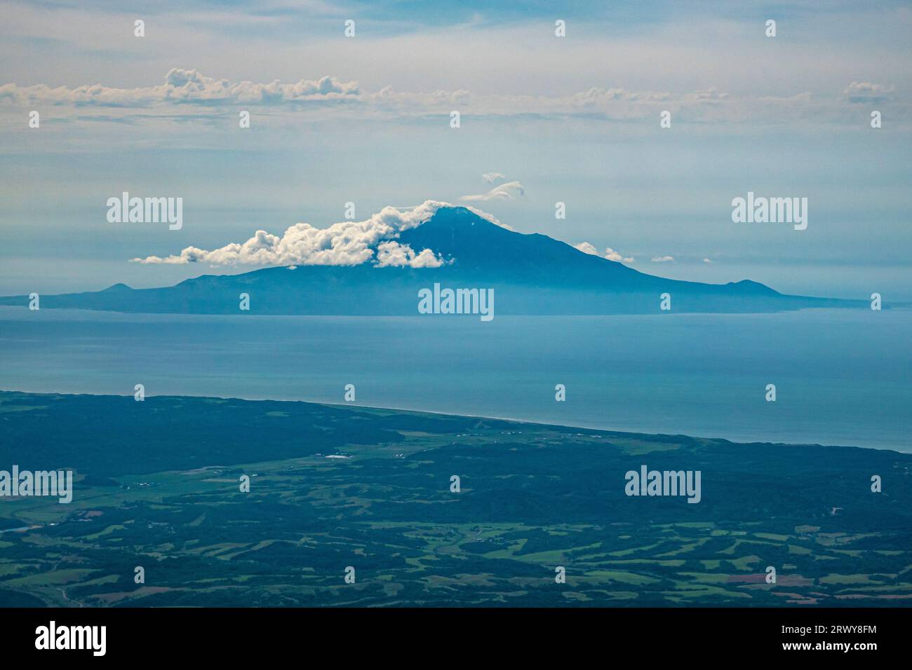 Rishiri Fuji and beautiful marshland scenery seen from above Sarobetsu plain Stock Photo