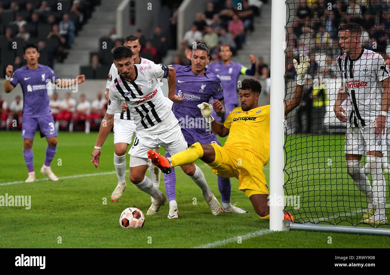 LASK goalkeeper Tobias Lawal clears the ball during the UEFA Europa