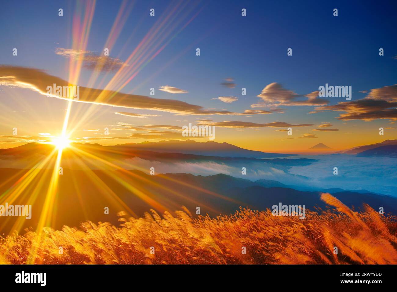 The rising sun from Mt. Tateshina, Mt. Fuji, the Yagatake mountain