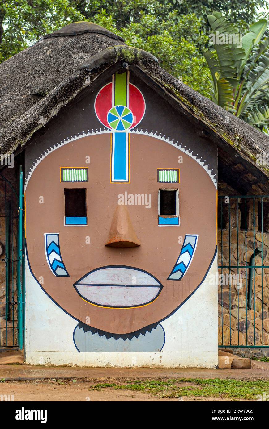 Colourful African wall painting with Zulu style ornaments on a hut in Durban, South Africa Stock Photo
