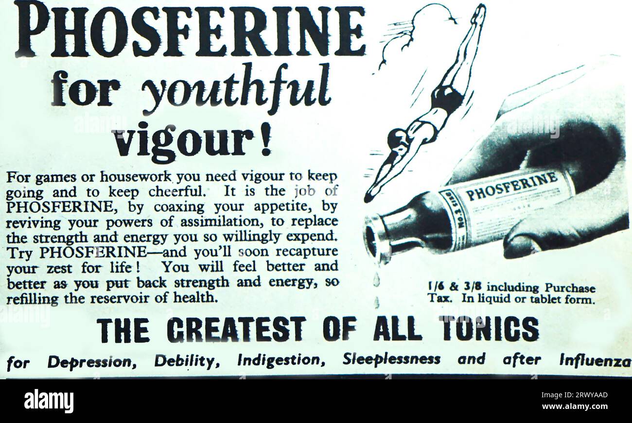 A !950 advertisement for Phosferine, said to be a tonic for restoring youthful vigour. Said to be ‘the greatest of all tonics’ it was also claimed to be for depression, debility, indigestion, sleeplessness and the after effects of influenza. It was sold in liquid or tablet form. A 1911 British Medical Journal publication discussed that an analysis of Phosferine found that it was composed of water, alcohol, quinine, phosphoric acid and sulfuric acid. Stock Photo