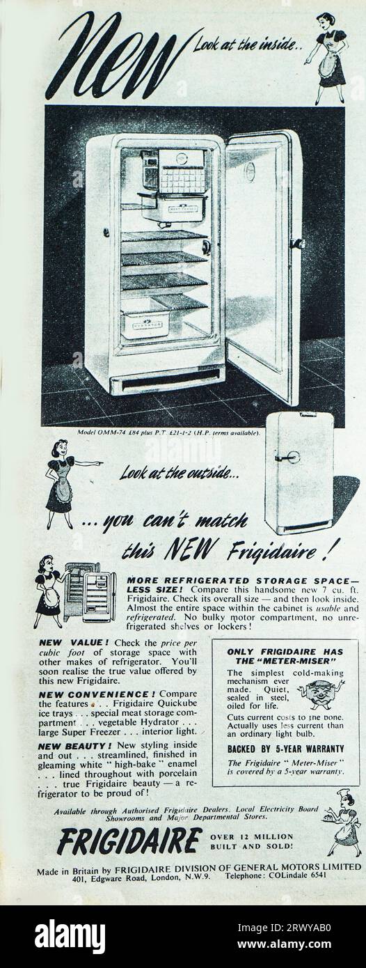 A 1950 advertisement for a new Frigidaire fridge on sale at a recommended price of £84. Described as a handsome 7 cu. ft. And backed by a 5 year warranty. The advertisement says that over 12 million have been built and sold. Stock Photo