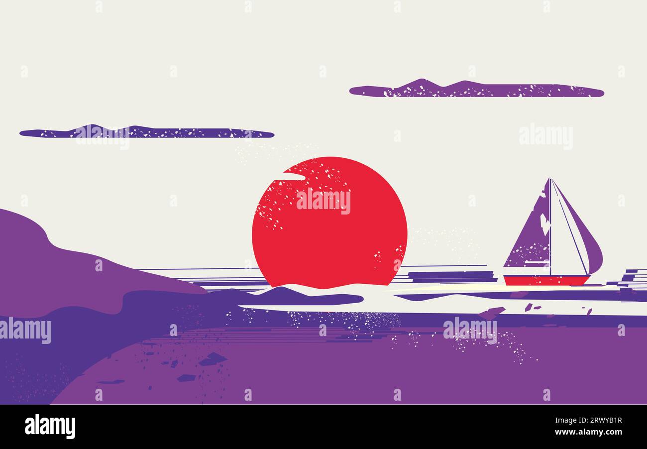 Vector illustration of sunset over the sea. Boat sails on the sea Stock ...