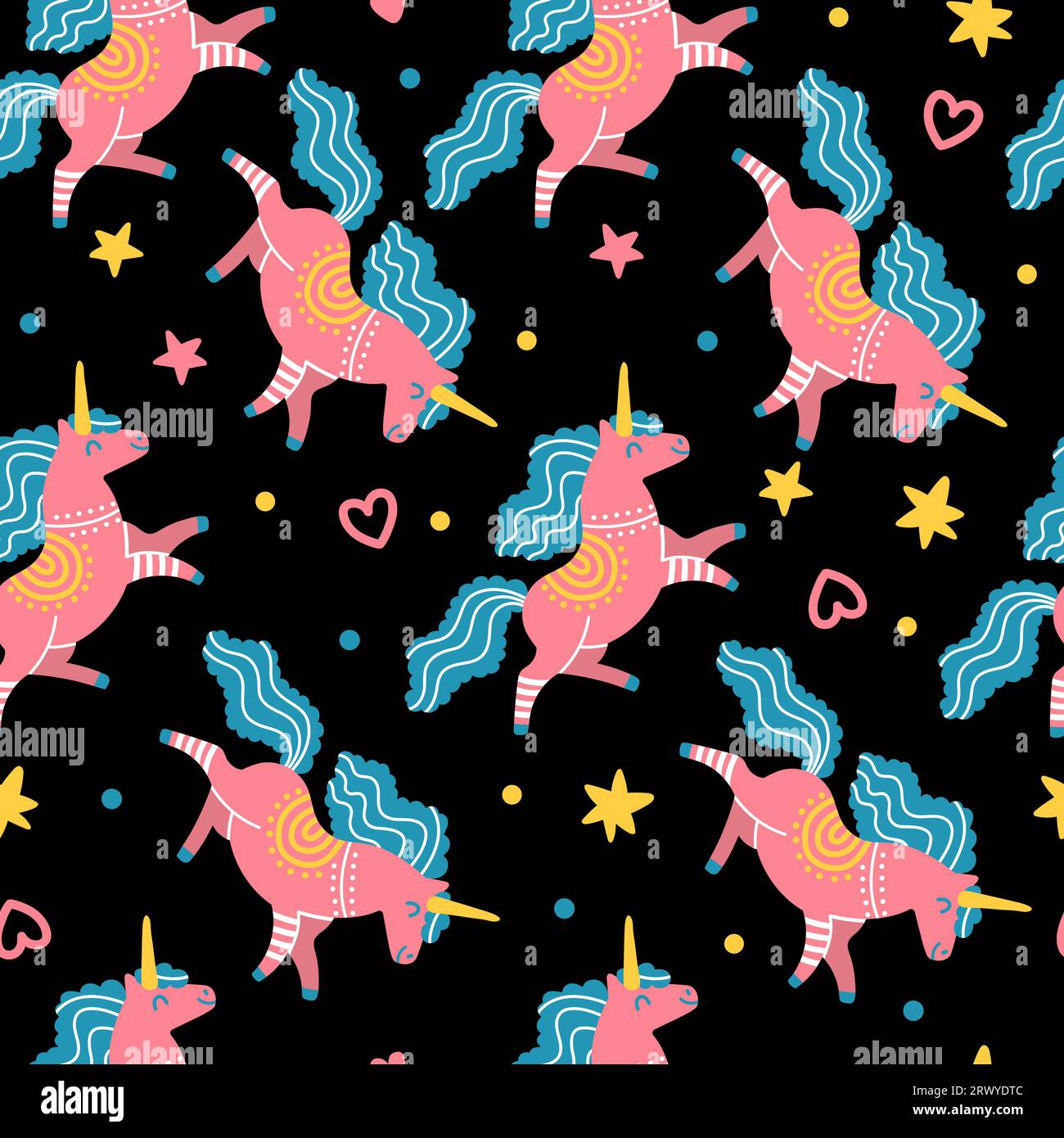 Seamless vector pattern with cute doodle pink unicorns with blue main ...