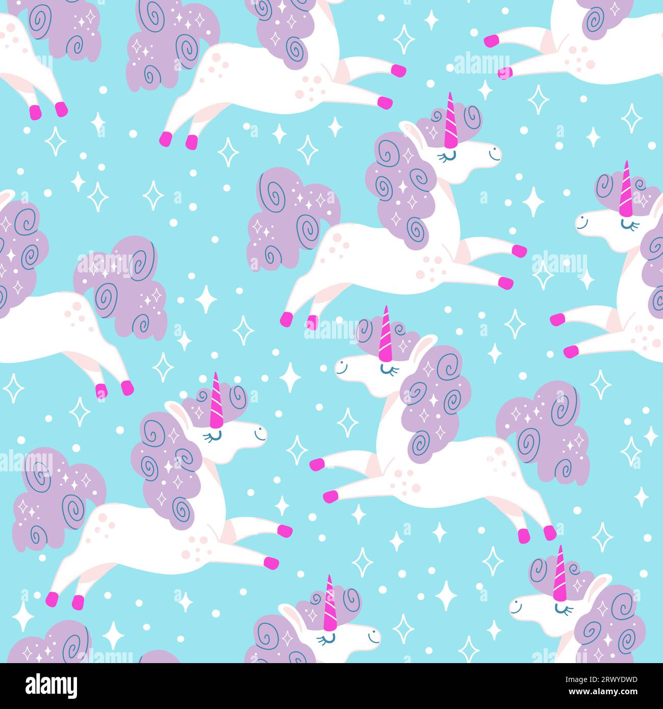 Seamless vector pattern with cute unicorns with purple main and sparks ...