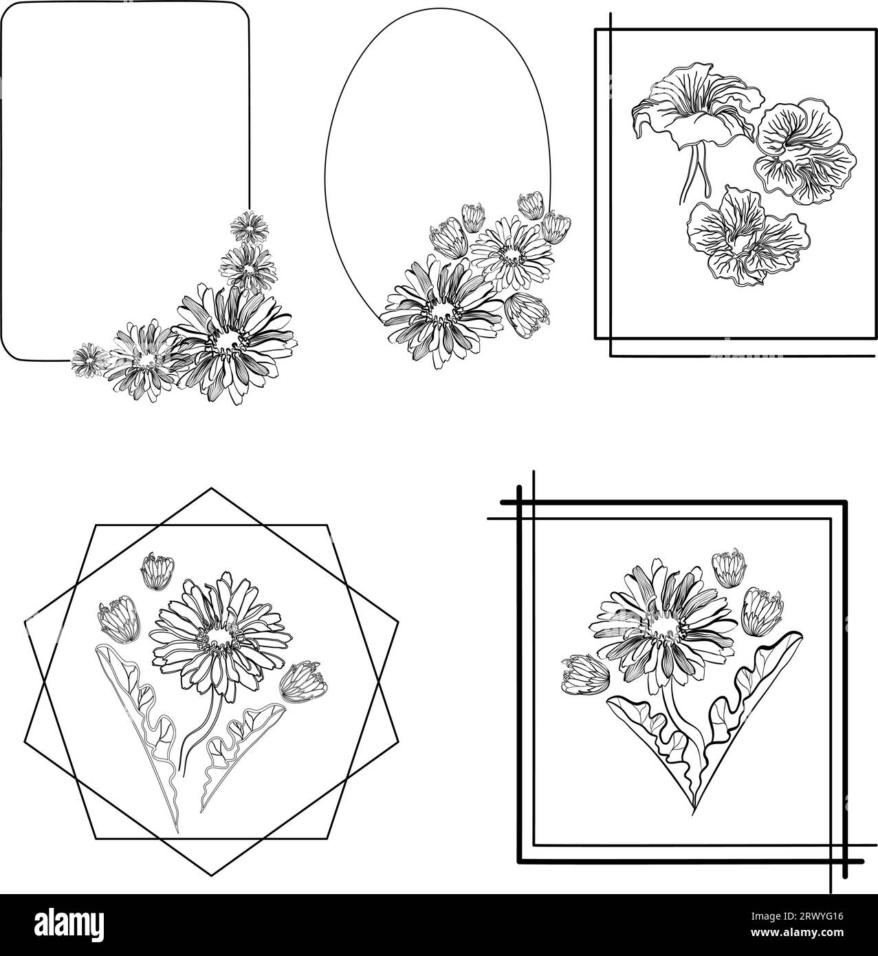 Vector illustration with set of frames with flowers in doodle technique isolated Stock Vector