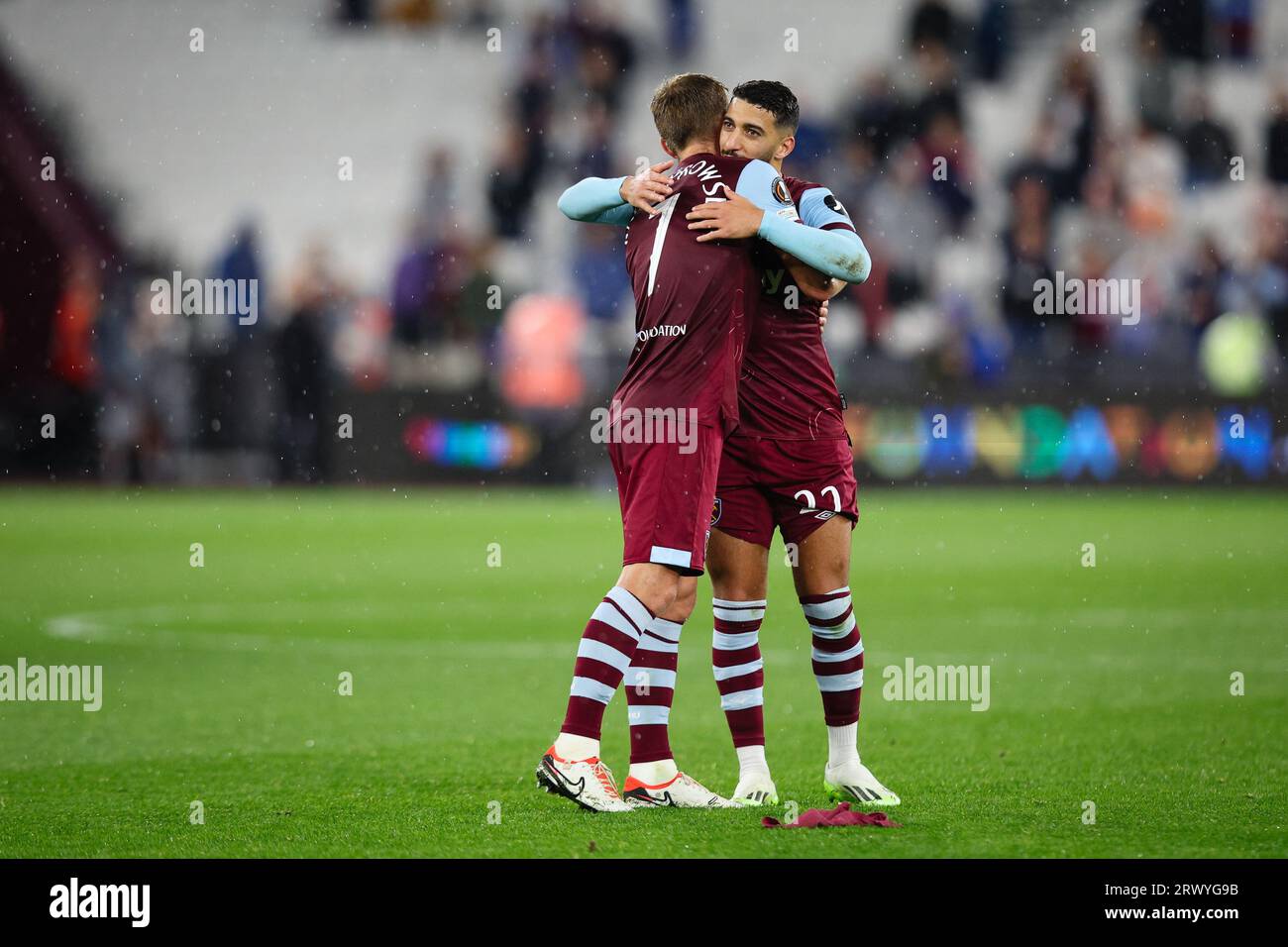 LONDON, UK - 21st Sep 2023:  James Ward-Prowse of West Ham United embraces team mate Said Benrahma after the UEFA Europa League group match between West Ham United and FK TSC Backa Topola at the London Stadium  (Credit: Craig Mercer/ Alamy Live News) Stock Photo