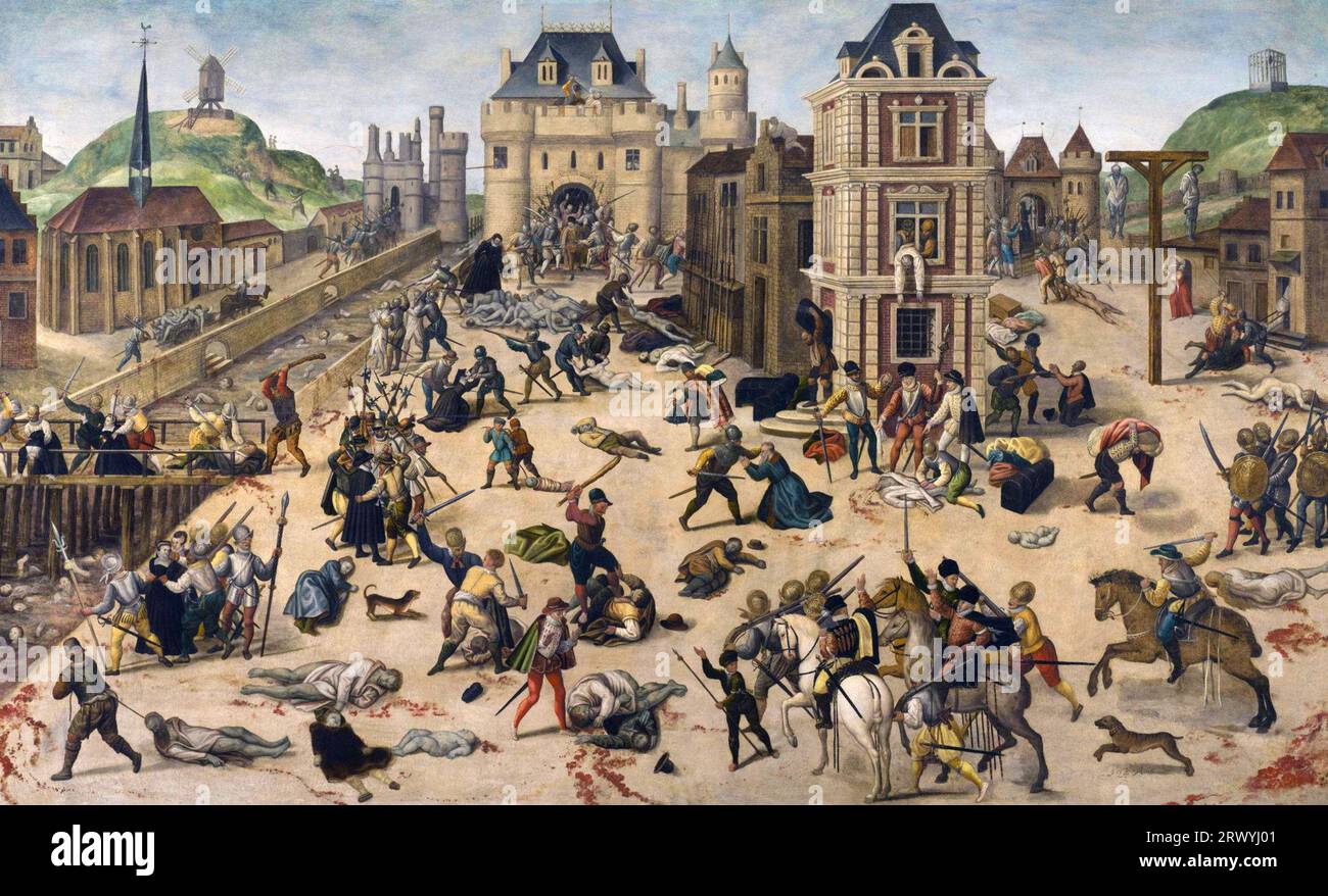 The St. Bartholomew's Day massacre of French Protestants (1572). It was the climax of the French Wars of Religion, which were brought to an end by the Edict of Nantes (1598). In 1620, persecution was renewed and continued until the French Revolution in 1789. Stock Photo