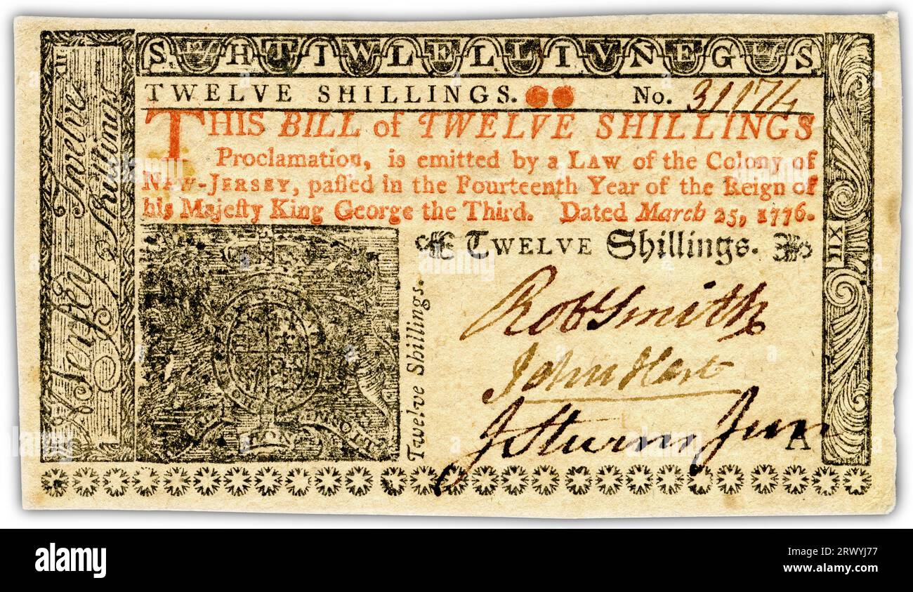 New Jersey Colonial currency (1776) signed by John Hart. Stock Photo