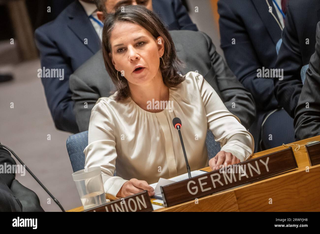 New York, USA. 21st Sep, 2023. Annalena Baerbock (Bündnis90/Die Grünen), Foreign Minister, speaks at the UN Security Council session dealing with the Armenia-Azerbaijan conflict. Baerbock is in New York for the UN General Assembly. Credit: Michael Kappeler/dpa/Alamy Live News Stock Photo